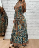 Tribal Print V Neck Spaghetti Strap Maxi Dress Casual Backless Flowy A Line Dress