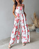 Floral Print Wide Leg Suspender Jumpsuit