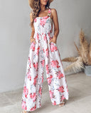 Floral Print Wide Leg Suspender Jumpsuit