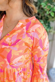 Orange Abstract Print Ruffled Sleeve V Neck Dress