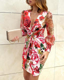Mesh Puff Lantern Sleeve Twisted Floral Print Dress