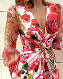 Mesh Puff Lantern Sleeve Twisted Floral Print Dress