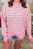 Pink Striped Print Textured Drop Shoulder Loose Sweatshirt