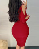Rhinestone Decor Cold Shoulder Ruched Bodycon Dress