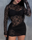 Long Sleeve Sheer Lace Mesh Panel Ruched Overlay Mini Dress Draped Bodycon Dress