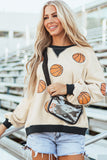 White Sequin Basketball Graphic Colorblock Edge Sweatshirt