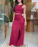 2 Pieces Outfit Sleeveless Slim Fit Crop Top and High Waist Side Slit Maxi Dress Set