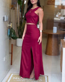 2 Pieces Outfit Sleeveless Slim Fit Crop Top and High Waist Side Slit Maxi Dress Set