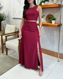 2 Pieces Outfit Sleeveless Slim Fit Crop Top and High Waist Side Slit Maxi Dress Set