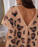 Jacquard Leopard Print V Neck Short Sleeve Vest Casual Button Decor Loose Sweater
