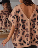Jacquard Leopard Print V Neck Short Sleeve Vest Casual Button Decor Loose Sweater