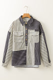 Black Stripe 2-tone Patchwork Half Buttons Chest Pockets Casual Blouse