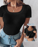 Built in Bra U neck Short Sleeve T shirt Rib knit Top