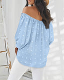 Jacquard Polka Dot Off the Shoulder Long Sleeve Top Casual Tied Detail Tied Detail Blouse