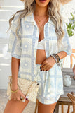 Sky Blue Vacation Printed Loose Shirt and Drawstring Shorts Set