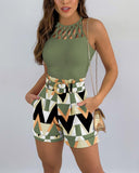 Hollow Out Tank Top & Floral Print Shorts Set With Belt