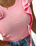 Rose Detail Ruffle Hem Round Neck Top