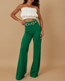 Metal Button Decor High Waist Casual Straight Leg Work Pants