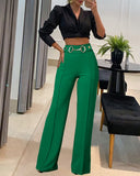 Metal Button Decor High Waist Casual Straight Leg Work Pants