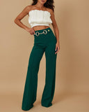 Mental Button Decor High Waist Causal Straight Leg Work Pants