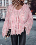 V Neck Long Sleeve Sequin Decor Sweater Tassel Casual Pullover Sweater