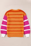 Orange Stripe Colorblock Crew Neck Drop Shoulder Loose Sweater
