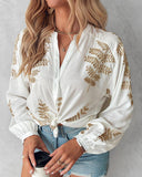 Leaf Embroidery Buttoned Knotted Top