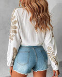 Leaf Embroidery Buttoned Knotted Top