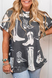 Gray Plus Size Western Boots Print Crew Neck T Shirt