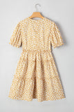 Yellow Floral Short Sleeve V Neck Frilly Tiered Mini Dress