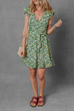 Green Flower Print Flutter Sleeve V Neck Sashed Ruffled Mini Dress