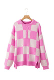 Pink Checkerboard Half Button Collared Drop Shoulder Sweater