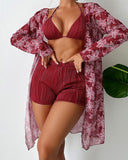 Halter Textured Bikini Top & Shorts Set With Floral Tropical Print Coat