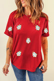 Red Christmas Tree Patched Pattern Crew Neck T Shirt