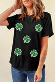 Black Four Leaf Clover Graphic St. Patricks Crewneck Tee