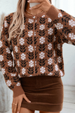 Coffee Floral Print Ribbed Trim Buttoned Cardigan