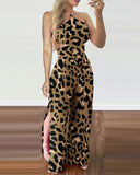 Leopard Print Halter Sleeveless Jumpsuit Casual Backless Loose Fit Slit Rompers