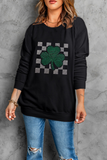 Black Rhinestone Checkerboard Clover Graphic St Patrick Sweatshirt