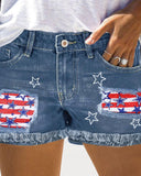 Independence Day Flag Print Patchwork Raw Hem Denim Shorts