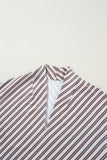 Chestnut Striped Stand V Neck Short Sleeve Blouse