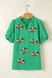 Bright Green Mardi Gras Sequin Graphic Notched Neck Textured Blouse