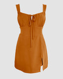 Leopard Square Neck Spaghetti Strap Romper Asymmetrical Lace up Slit Romper