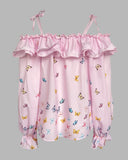 Butterfly Print Off the Shoulder Ruffles Blouse Casual Lantern Sleeve Top