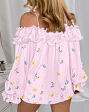 Butterfly Print Off the Shoulder Ruffles Blouse Casual Lantern Sleeve Top