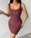 Pocket Design Ribbed Tank Dress Sleeveless Button Front Pullover Bodycon Mini Dresses