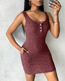Pocket Design Ribbed Tank Dress Sleeveless Button Front Pullover Bodycon Mini Dresses