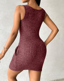Pocket Design Ribbed Tank Dress Sleeveless Button Front Pullover Bodycon Mini Dresses