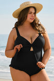 Black Plus Size Textured Knotted Ruffled Trim One Piece Swimwear