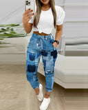 Denim Look Print Drawstring Cuffed Pants