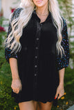 Black Sequin Puff Sleeve Buttoned Velvet Peplum Shirt